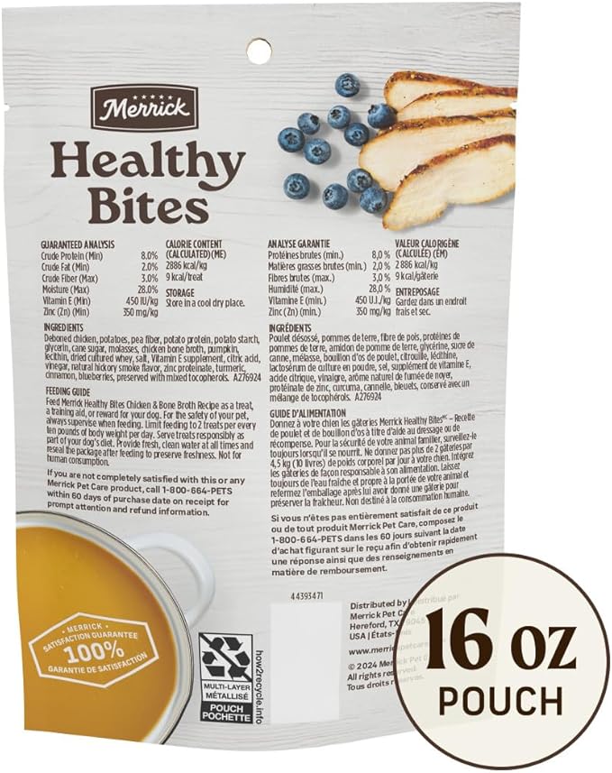 Healthy Bites Grain Free Dog Treats, Soft Treats With Bone Broth for Dogs, Chicken And Bone Broth Recipe - 16 oz. Pouch
