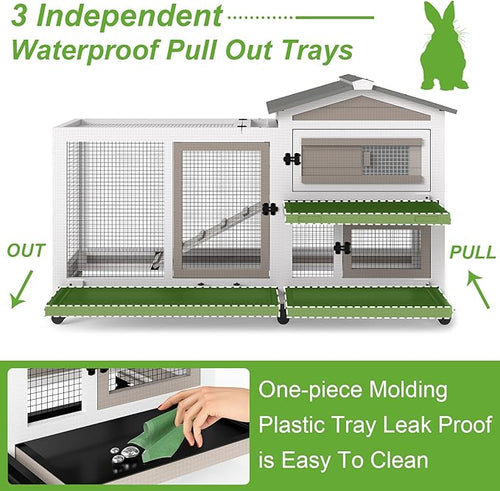 2 Story Rabbit Hutch Outdoor Indoor, Wooden Bunny Cage with 6 Lockable Wheels, 3 Removable No Leakage Pull Out Trays, Chew-Proof Ramp & Waterproof Roof, Ideal for Rabbit & Guinea Pig