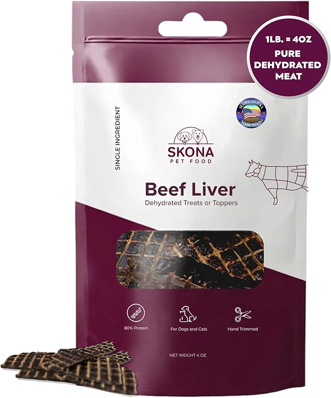 Skona PetFood Premium Chewy Dehydrated Beef Liver Jerky for Dogs & Cats, 1 lb of Beef Liver Dehydrated to 4 oz, Single Ingredient High Protein Training Treat, Supports Digestion & Liver Health, US