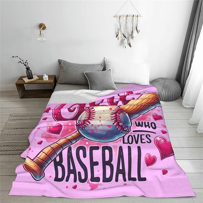 SweetFox Just A Girl Who Loves Baseball Blanket, Baseball Sports Decor Throw Blanket Gifts for Girls Boys Lover Super Warm Soft Plush Fleece Flannel Bedding Blankets for Kids Adults Men Women 60"X50"
