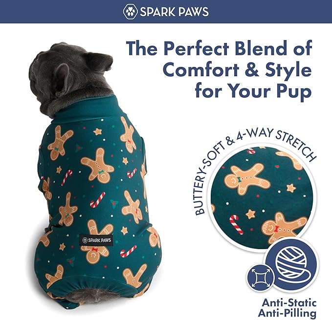 Spark Paws Dog Christmas Pajama, Dog Recovery Suit Male, Onesie, Ultra-Soft and 4-Way Stretch, for Small Medium and Large Breeds - Gingerbread Man - XL