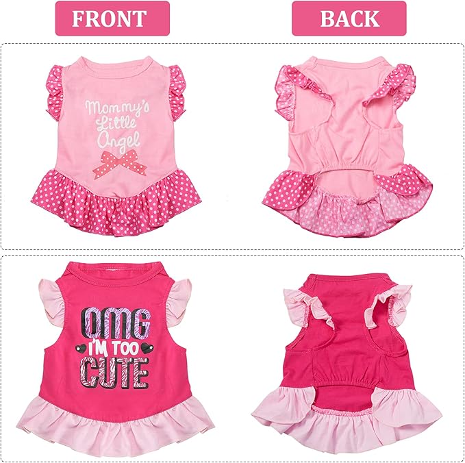 2 Pieces Dog Dresses for Dogs Cute Girl Female pet Dress Mommy Puppy Shirt Skirt Dresses Pet Summer Clothes Apparel for Cats(OMG and Angel,Small)