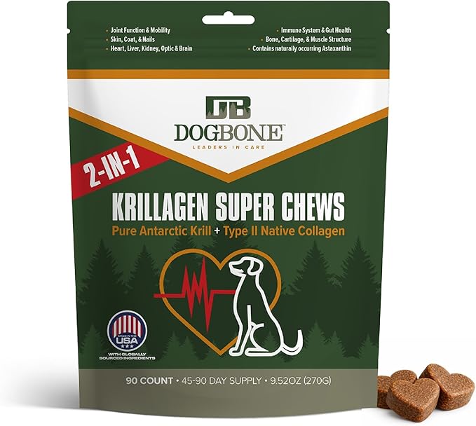 DogBone Krillagen Chews for Dogs – 90 Count Supplement - Type 2 Collagen for Hip & Joint Support – Krill Powder Omega 3 DHA + EPA for Heart, Skin, Coat - Active, Large Breed, & Senior Canine Health