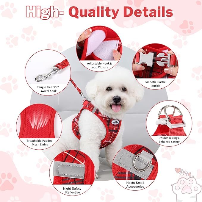 Gyuzh Small Cat Harness and Leash Set for Puppy & Kitten - 3-in-1 No Pull Step in Vest Collar, Lightweight Reflective Plaid, Padded Handle (Red, XS)