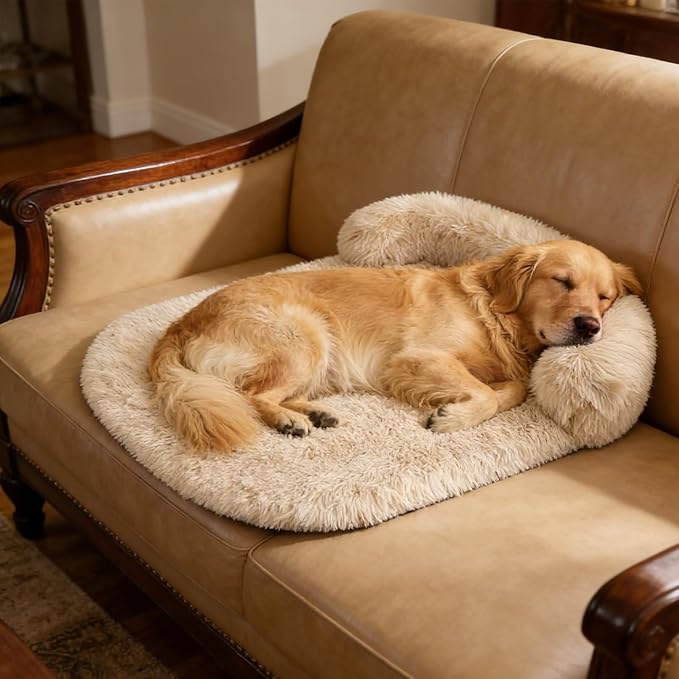 Calming Dog Beds for Medium Large Dogs, Orthopedic Cushion Plush Dogs Lounge Couch Sofa with Washable Removable Cover, Anti-Anxiety Soft Faux Fur Fits up to 40 lbs Pets (Oval, Beige 32"x24")