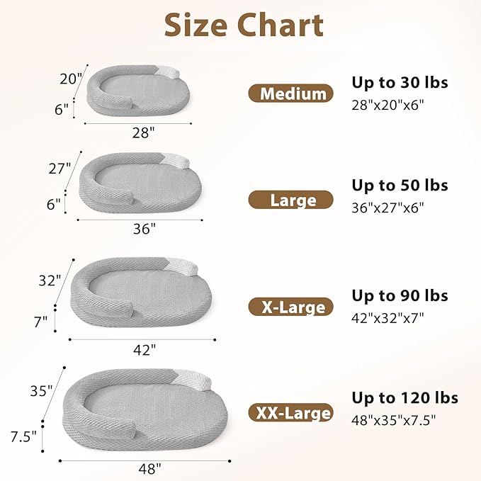 JOEJOY Orthopedic Dog Beds Large Sized Dog, Washable Waterproof Oval Large Dog Bed with Removable Cover, Big Egg-Crate Memory Foam Pet Bed with Bolster Sides & Non-Skid Bottom, Light Grey, 36''x27''