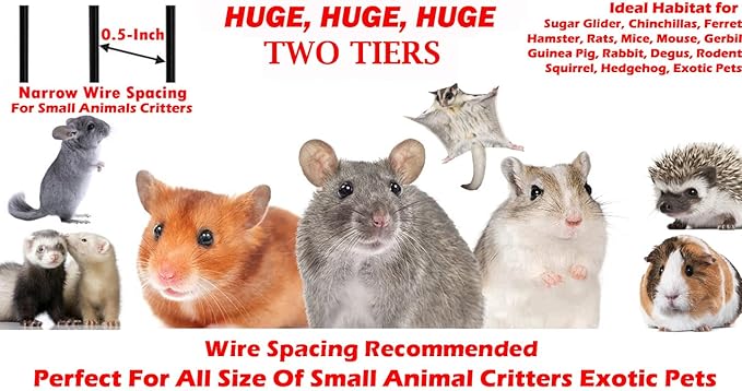 Huge 37" L x 24" W x 39" H Two Tiers Tight 1/2-Inch Bar Spacing Large Front Doors for Feisty Ferret Hammock Chinchilla Rat Mouse Hamster Gerbil Small Animals Critters Rolling Cage