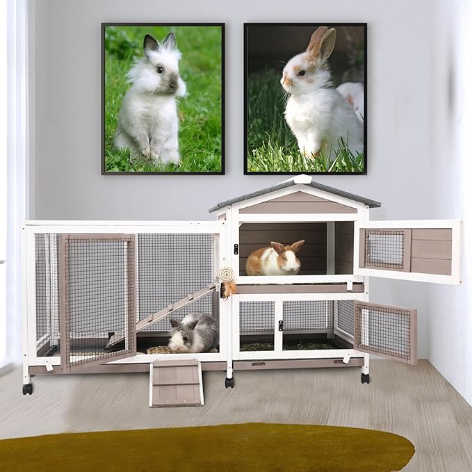 Gowoodhut Rabbit Hutch Indoor Outdoor 2 Story Bunny Cage with 3 No Leak Trays,55.31" L Guinea Pig Cages Rabbit Cage with 6 Wheels for Guinea Pig,Rabbit for Rabbit Lover|Pet Lover(White/Grey)