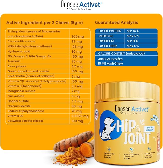 Dogsee Activet+ Dog Hip & Joint Supplement Chews, with Glucosamine, Chondroitin, MSM, Collagen & Omega 3, Mobility & Cartilage Support, Chicken Flavor – 90 Chews