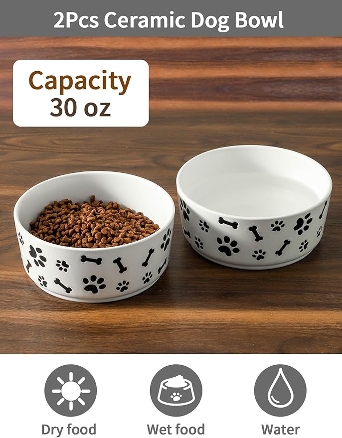 UBEE Ceramic Dog Bowl Set of 2, 6.5 inch Dog Food Bowl Dish with Bone Paw Pattern, Pet Food Water Dish Feeding for Small and Meidum Dogs and Large Cat, White
