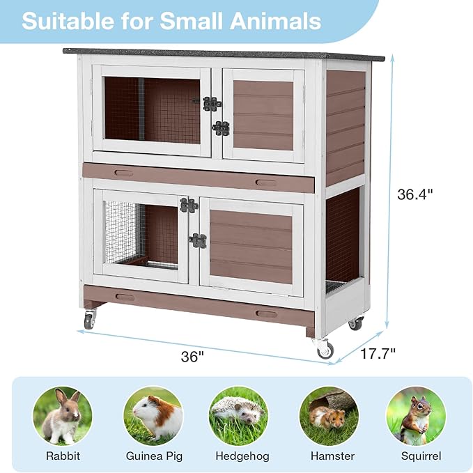 36’’ Wooden Rabbit Hutch Indoor or Outdoor, 2 Story Rabbit Cage with 2 Leak Proof Trays, Mobile Bunny Hutch with Wheels, Anti-Chew Ramp for Guinea Pig (Brown)