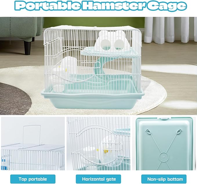 2-Tier Portable Hamster Cage and Habitats,Travel Metal Mouse Cages with Free Water Bottle,Houses and Exercise Wheel for Any Breed of Hamster and Small Animal (14.6x11.0x11.8inch Light Blue)