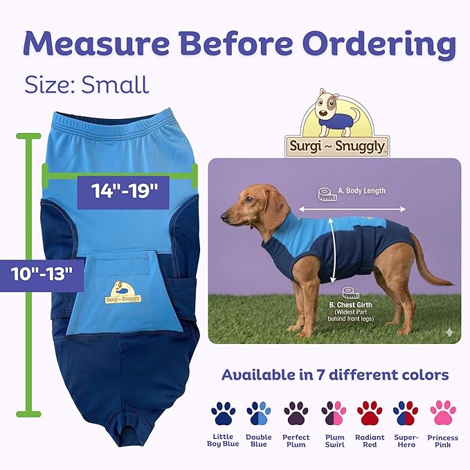 Surgi Snuggly Dog Surgery Recovery Suit - Dog Onesie for Post Surgery Recovery, Female Spay & Male Neuter - Surgical Suit for Dogs, E-Collar Cone Alternative, Double Blue - Small - 10" - 13" (EC)