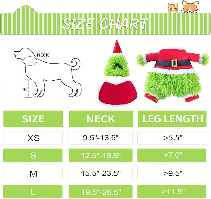 NACOCO Dog Christmas Furry Costume - Xmas Halloween Dog Cosplay Clothes with Cape Hat Green Monster Funny Uniform Santa Outfits Party Favors Apparel Warm Winter (Green, XS