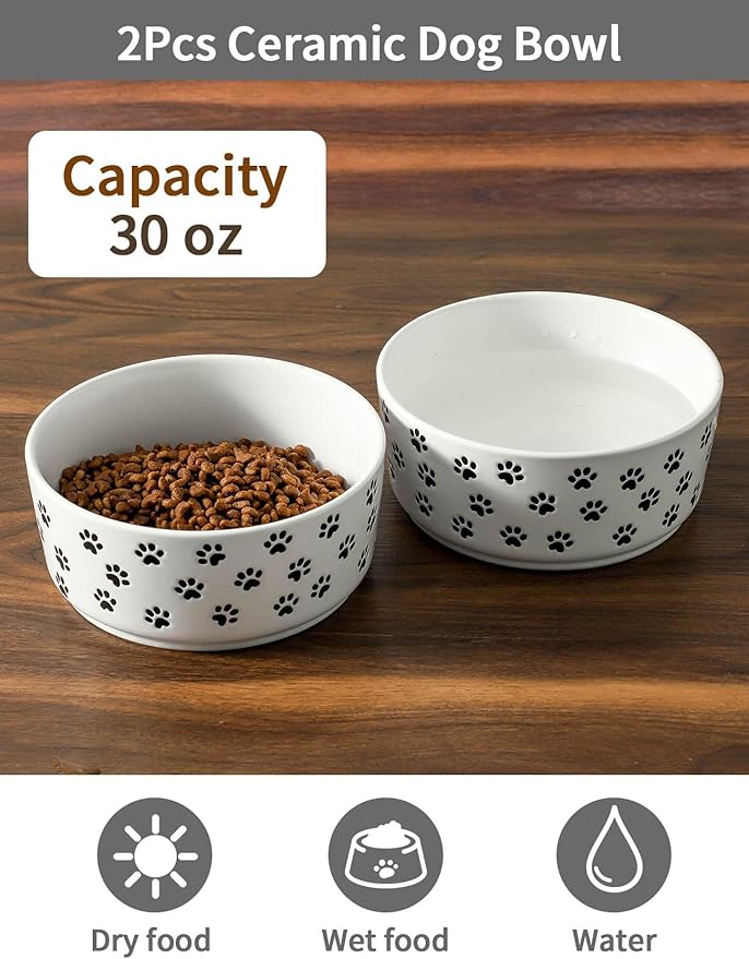 UBEE 6.5 inch Dog Bowls Set of 2, Ceramic Dog Food Water Bowl Dish with Paw Pattern, Pet Food Water Dishes Feeding for Small and Meidum Dogs and Large Cat, White