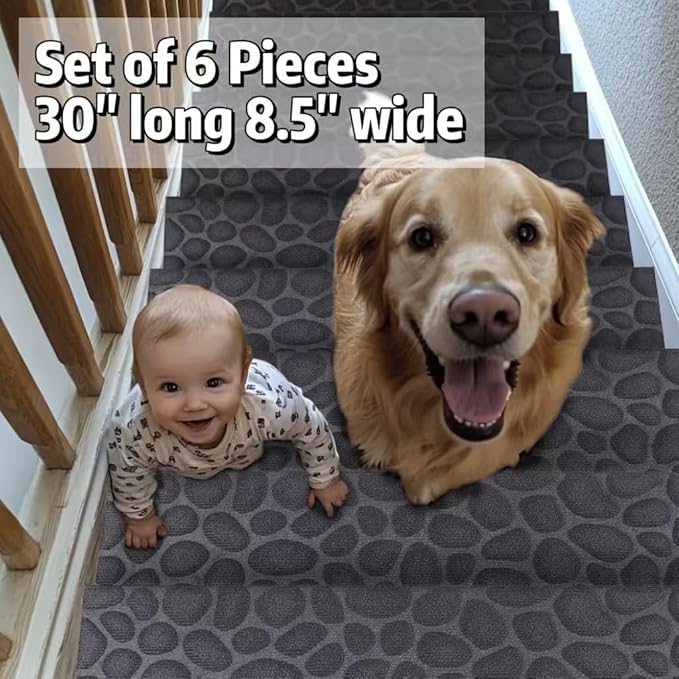 Aucuda 6pcs 8.5" x 30" Stair Treads Outdoor for Elders and Dogs on Wooden Steps, Non Slip Stair Runner Rug Heat Insulation Rubber Backing, Gray Stone Staircase Mat Carpet for Indoor Grip Farmhouse.