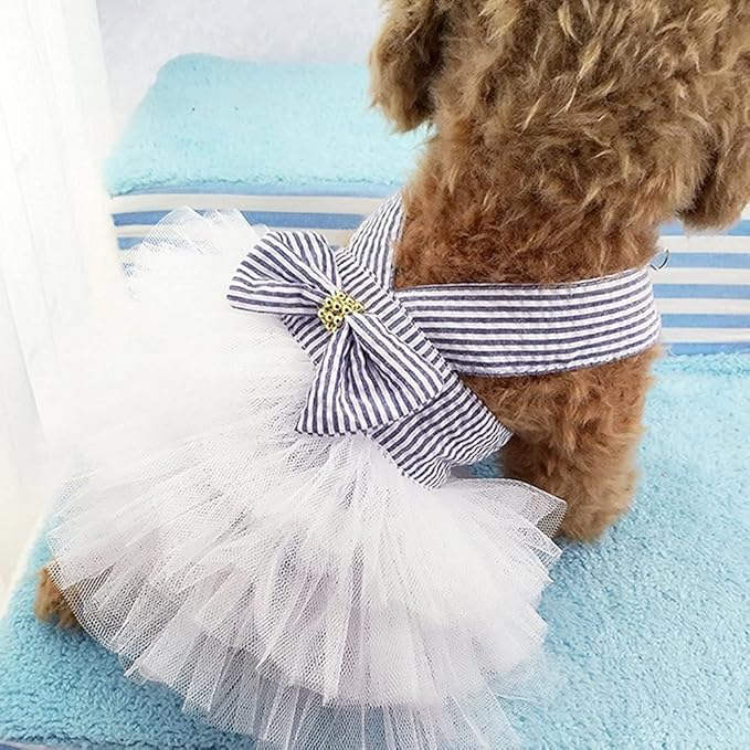 Dog Dresses, Fashion Pet Dog Clothes, Striped Mesh Puppy Dogs Princess Dresses (Blue, Medium)