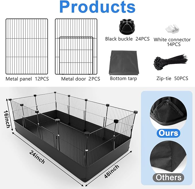 Tresbro Guinea Pig Cage with Waterproof PVC Bottom Liner & One-Hand Release Hook, Triple Fixing C&C Cage for Guinea Pigs, Bunny, Rabbit, Hedgehog, Small Animal Indoor Playpen 48''L x 24''W x 16''H