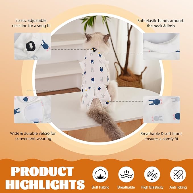 Cat Surgery Recovery Suit, Anti Licking Postoperative Onesie with Roll-Up Design, Soft Breathable Bodysuit Shirt for Female Spay Male Neuter Abdominal Wound Kitten E-Collar Cone Alternative