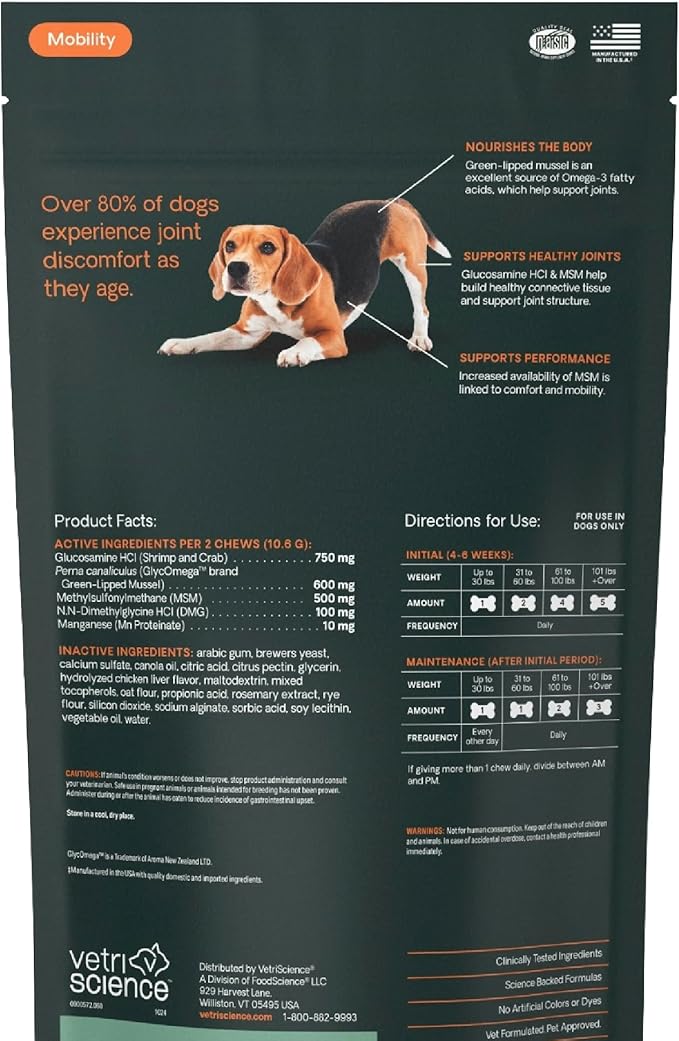VetriScience Healthy Hip & Joint Chews, GlycoFlex Glucosamine and Green-Lipped Mussel Mobility Support Supplement for Dogs, Promote Play and Protect Joints, Chicken, 60 Count