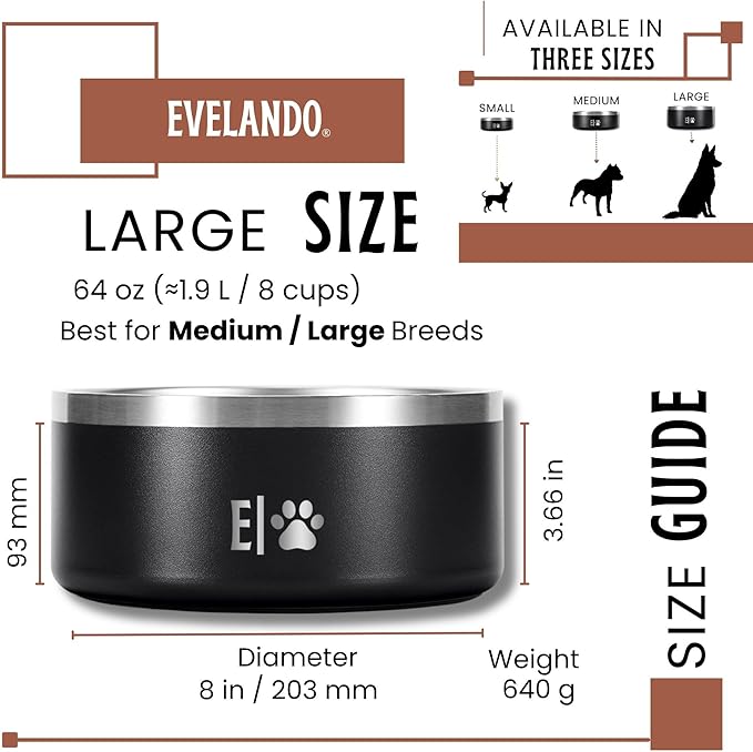 64 oz - 8 Cups Stainless Steel Dog Bowl – Triple-Insulated Pet Dish Keeps Water Cold & Food Warm – BPA-Free, Non-Slip Base – Durable & Elegant Feeding Bowl for Small & Medium Dogs & Cats