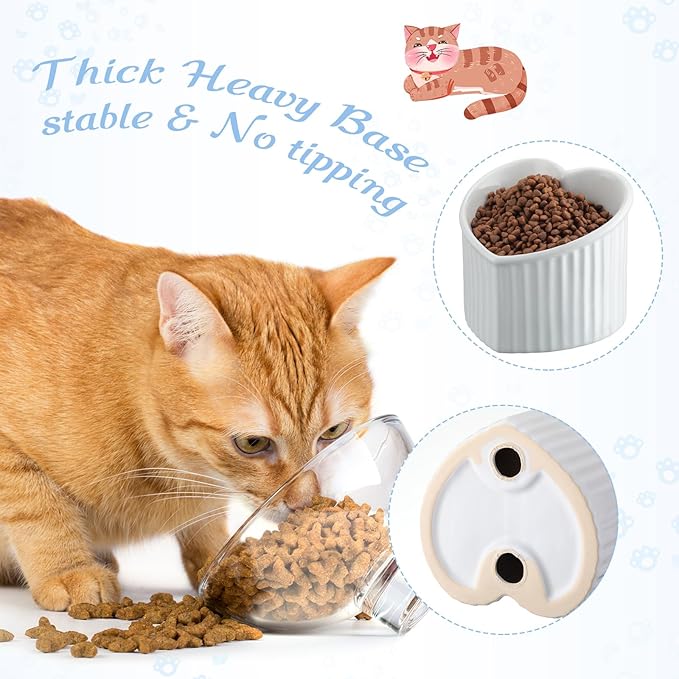 Mumufy 2 Pcs Ceramic Elevated Cat Bowls Tilted Elevated Raised Pet Bowls Anti Vomit Cat Dish for Indoor Stress Free Water Dish Feeder for Puppies, Heart Shaped(Pearly White)