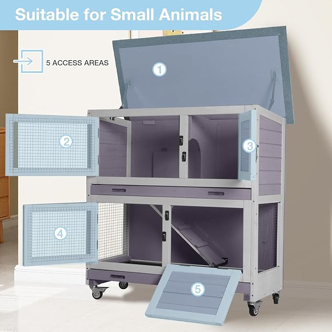 36’’ Wooden Rabbit Hutch Indoor or Outdoor, 2 Story Rabbit Cage with 2 Leak Proof Trays, Mobile Bunny Hutch with Wheels, Anti-Chew Ramp for Guinea Pig (Grey)