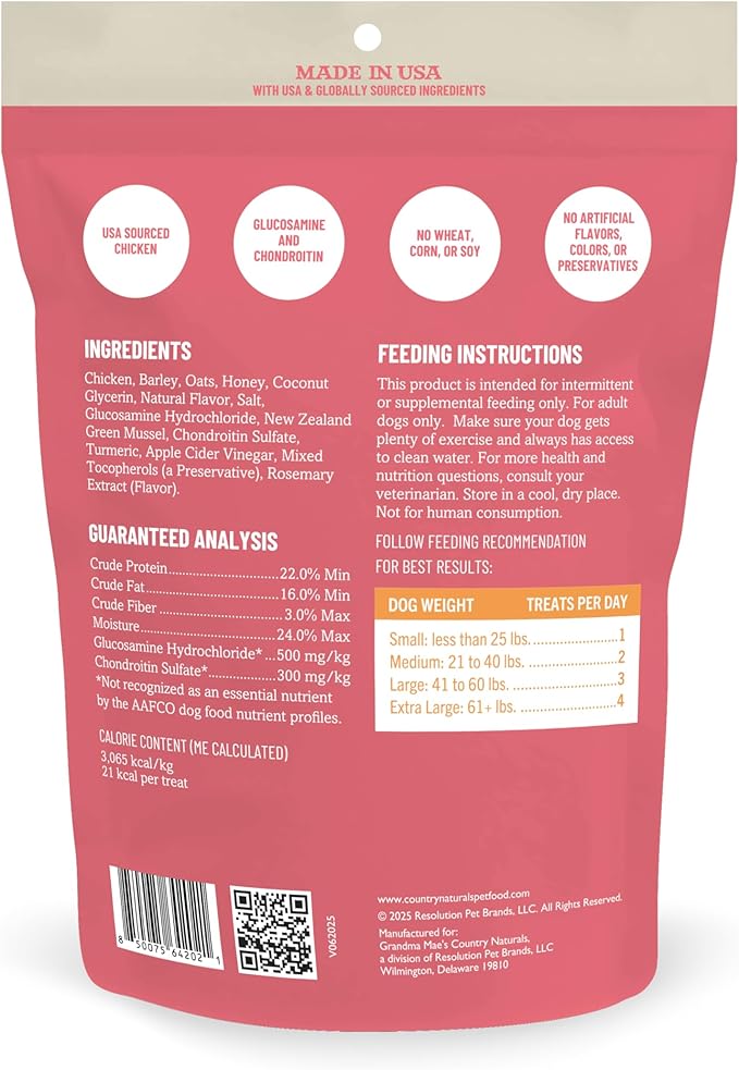 Grandma Mae's Country Naturals Jerky Squares Hip & Joint Dog Treats, Chicken with Glucosamine & Chondroitin, No Wheat, Corn, or Soy, Made in USA, 5 oz