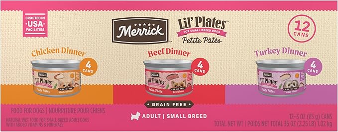 Merrick Lil’ Plates Petite Pates Premium Grain Free Wet Dog Food Variety Pack, Natural Beef, Chicken, Turkey - (Pack of 12) 3 oz. Cans