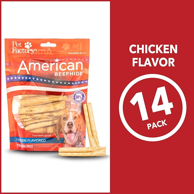 Pet Factory American Beefhide 3-3.5" Mini Rolls Dog Chew Treats - Chicken Flavor, 14 Count/1 Pack