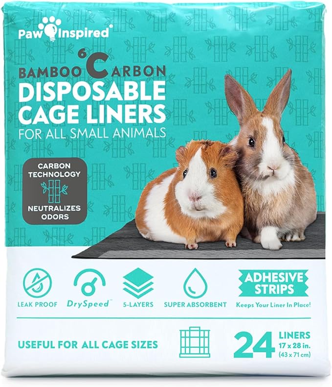 Paw Inspired Disposable Guinea Pig Cage Liners | Bamboo Charcoal Odor Controlling | Super Absorbent Liners Pee Pads for Ferrets, Rabbits, Hamsters, and Small Animals (28" x 17" (C&C 2 x 1), 24 Count)