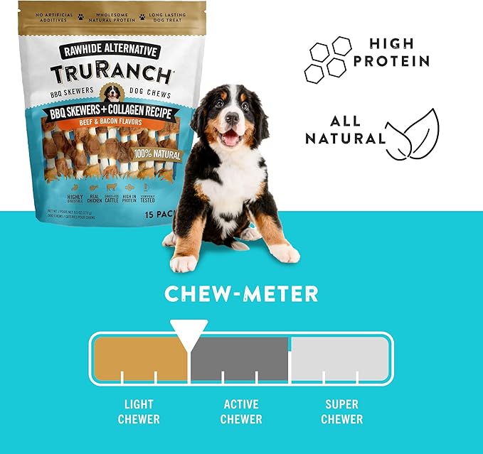 TRURANCH 5" BBQ Collagen Skewers - Collagen Dog Chews - Long Lasting Healthy Joint Support - Rawhide Alternative - Skin & Coat Health, Value Pack, 3 Bags, 45 Count