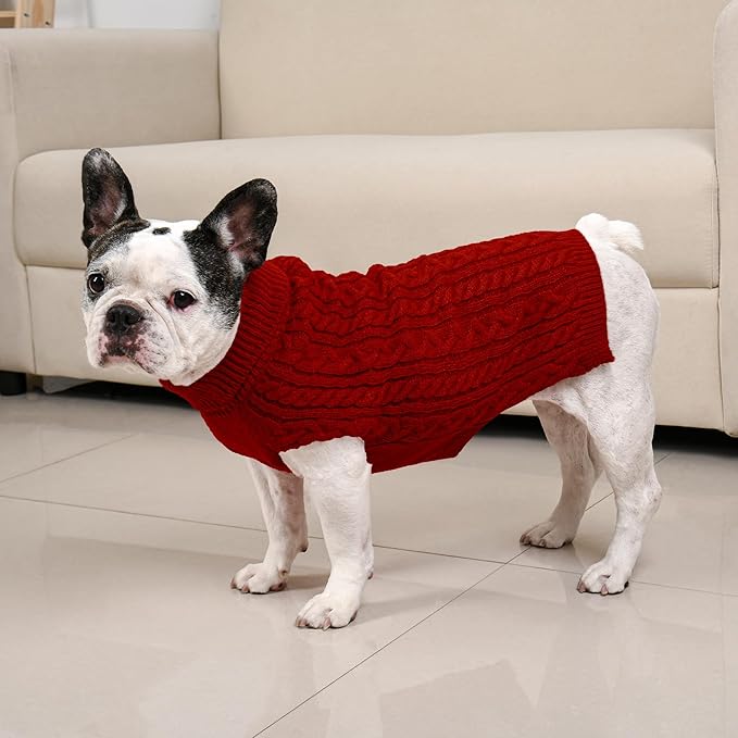 2 Pack Dog Sweaters for Medium Dogs Winter Turtleneck Pullover Cable Knit Fleece Stretch Frenchie Dachshund Pug Corgi Beagle Boy Girl Pet Clothes (M, Red & Green)