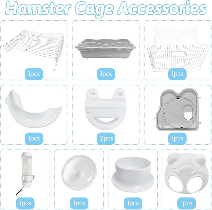 PINVNBY Dwarf Hamster Cage, Small Animal Cages, 2-Tier Travel Portable Mouse Cage Hamster Carrier with Castle House Running Exercise Wheels, Water Bottle and Food Dish（Gray）