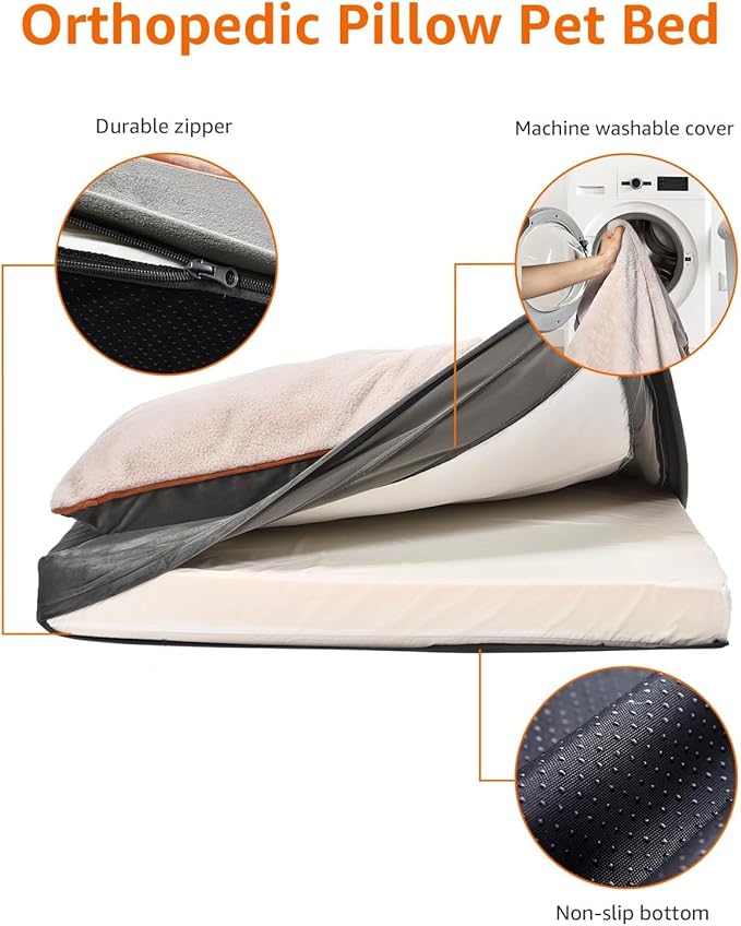 Amazon Basics Washable Dog Bed with Cooling Gel Memory Foam, Pressure-Relief Support for Dogs up to 120lbs, Non-Slip Bottom, Removable Cover, Giant Sized (48" x 36"), Grey