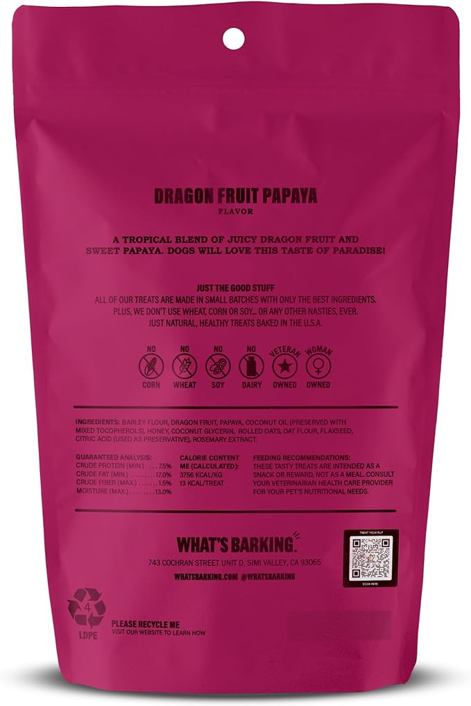 What's Barking Soft Bites, Soft Chewy Dog Treats for Training or Snacking, Pet Essentials, Bite Size Pieces for Dogs, Natural Ingredients, Made in USA, Resealable Bag (Pack of 1, Dragon Fruit Papaya)