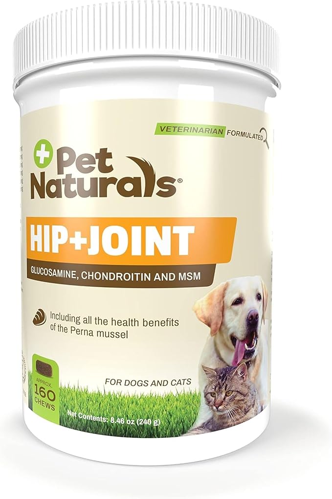 Pet Naturals Hip and Joint Supplement with Glucosamine, Green-Lipped Mussel, and Chondroitin for Dogs and Cats, Duck Flavor, 160 Chews