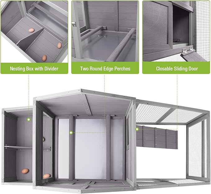 GUTINNEEN Mobile Chicken Coop for 2-4 Chickens with Wheels, Expandable Large Hen House with Run, UV-Protected Roof, Divided Nesting Boxes, Easy One-Person Move, Grey