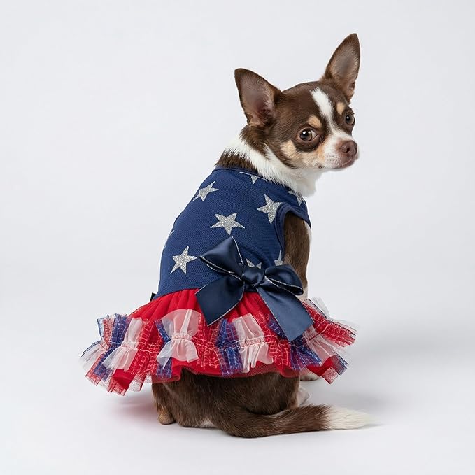Fitwarm Patriotic Sparkly Stars Dog Dress, 4th of July Clothes for Small Dogs Girl, Pet Outfit, Royal Blue, Red, Silver, Large