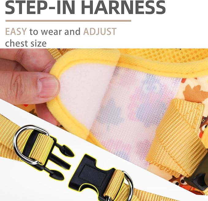 PUPTECK Dog Harness and Leash Set for Small Medium Dogs No Pull Step-in Soft Mesh Puppy Cat Vest Harnesses Reflective at Night Thanksgiving, Yellow Turkey, S