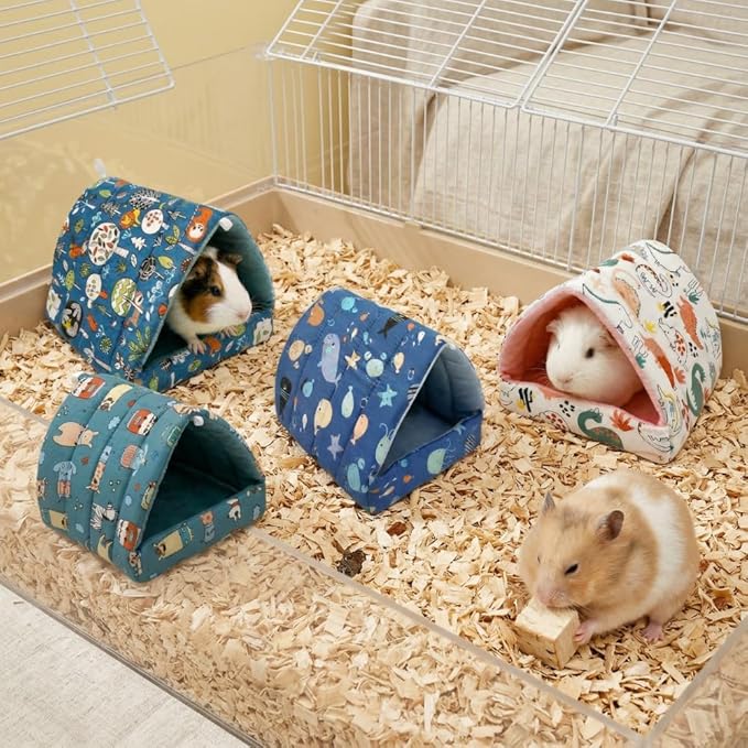 Guinea Pig Hideout 4 Pack, Washable Fleece Small Animal Bed & Tunnel, Cozy Guinea Pig House Cage Accessories for Bunny, Hedgehog, Chinchilla, Hamster, Ferret (Greenery,7.9 in)