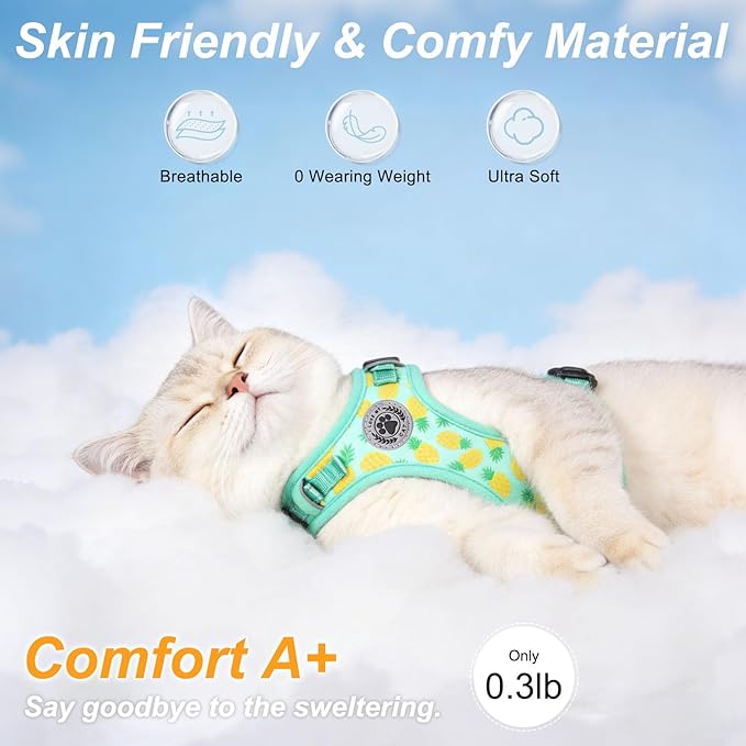 BEAUTYZOO Cat Harness and Leash Set Escape Proof, Medium Cat Vest Harness for Walking, Adjustable Step in Kitten Harnesses for Travel, Soft Lightweight Outdoor Cute Kitten Harnesses, Pineapple M