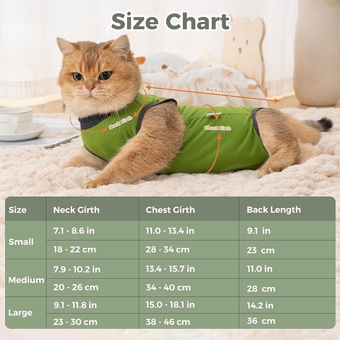 Avont Cat Recovery Suit for Surgery, Breathable Anti-Licking Onesie for Kittens, Surgical Post-Operative Protective Bodysuit, Comfortable Alternative to E-Collar -Green (S)