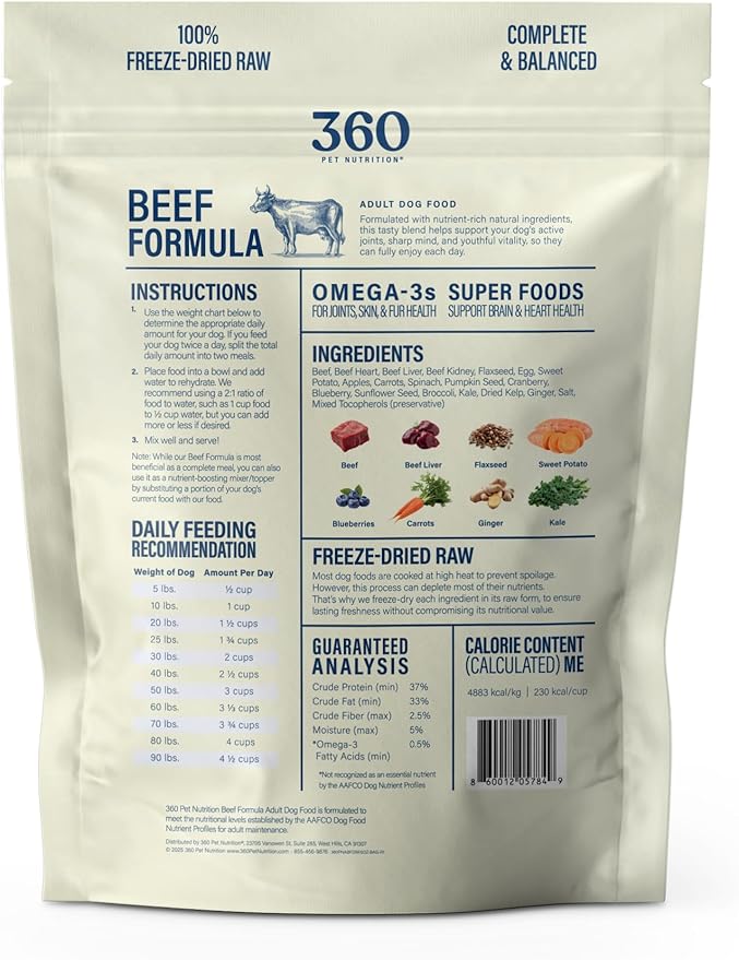 360 Pet Nutrition Freeze-Dried Raw Dog Food – Beef Recipe with Liver & Organs, High Protein with Omega-3s, Fruits, Veggies & Superfoods, Grain-Free, No Filler 4 x 16 oz Made in USA