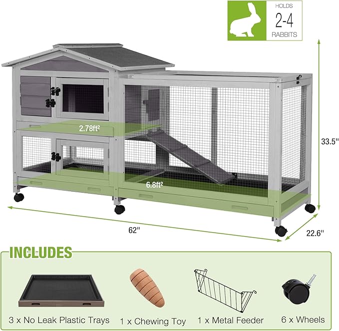 Gutinneen Large Indoor Rabbit Hutch Bunny Cage with Chew-Proof Ramp, Locking Leak-Proof Trays - Outdoor 62" Wooden Rabbit Cage with 6 Wheels for Rabbits, Guinea Pigs, Small Animals (Grey)