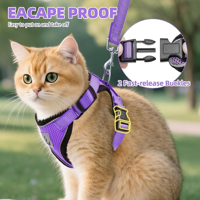 PUPTECK Cat Harness and Leash Set Escape Proof Reflective Cat Walking Harness Adjustable Soft Breathable Mesh Vest for Small Pets, Purple, L