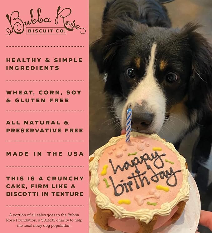 Bubba Rose Biscuit Company: Pink Dog Birthday Cake - Crunchy Biscuit Texture - Natural Gourmet Pet Treat - Dog Cake - 4.25” 1 Count - Made in The USA