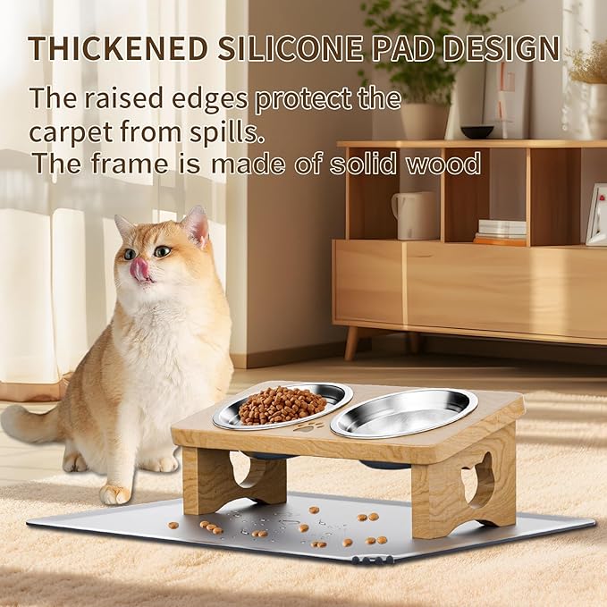Elevated Cat Bowls with Silicone Mat, 15° Tilted Solid Wood Stand, Raised Stainless Steel Food & Water Dishes for Cats and Small Dogs, Anti-Vomiting Design(Natural)