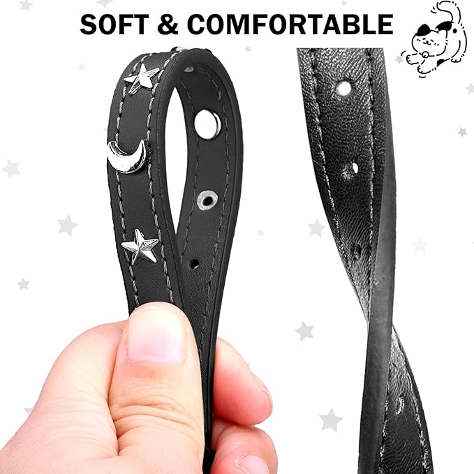 Leather Cat Collars for Boy Girl Cats with Bell and Safety Elastic Belt, Personalized Star and Moon Stud Adjustable Safe Buckle Collar for Kitty Small Big Cats Size 8-12 Inch, Black