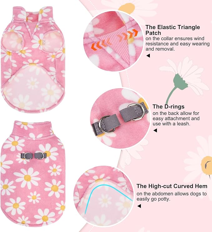 BEAUTYZOO Dog Fleece Vest Sweater Winter Jacket for Small and Medium Dogs with D-Ring Leash Cold Weather Coat Hoodie for XS S M Dogs Boy or Girls,Pink Daisy M